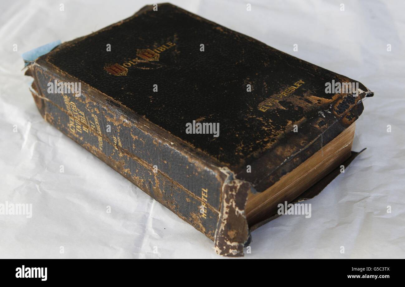 The embossed leather cover of a sixteen hundred page bible that used to belong to Elvis Presley, at Omega Auctions in Stockport. Stock Photo