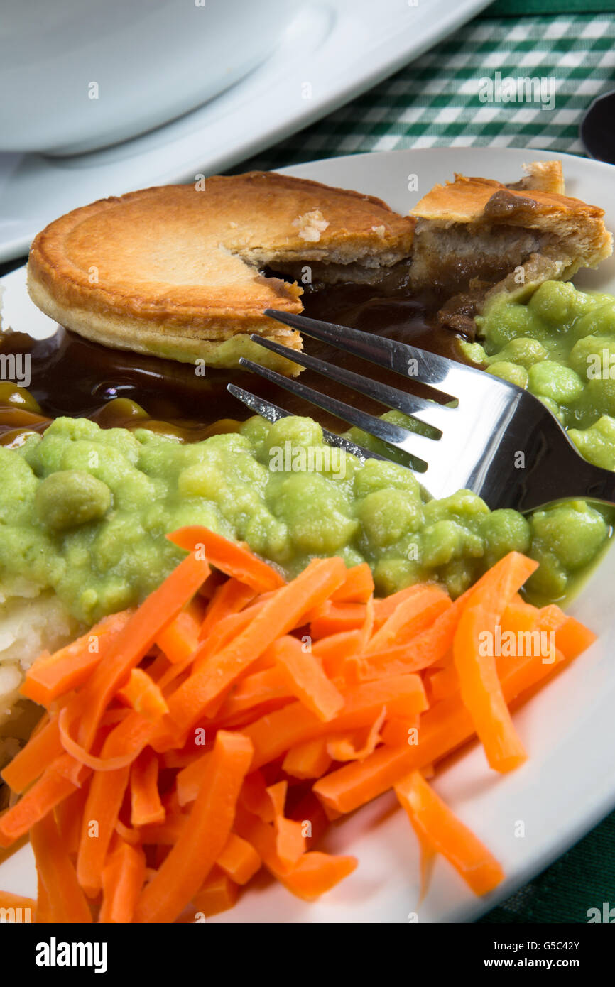A classic traditional English dish of Steak Pie, Mashed Potato, Mushy