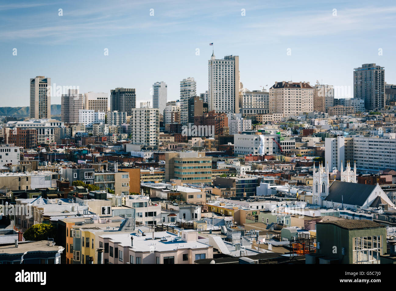 View from Pioneer Park, on Telegraph Hill, in San Francisco, California. Stock Photo