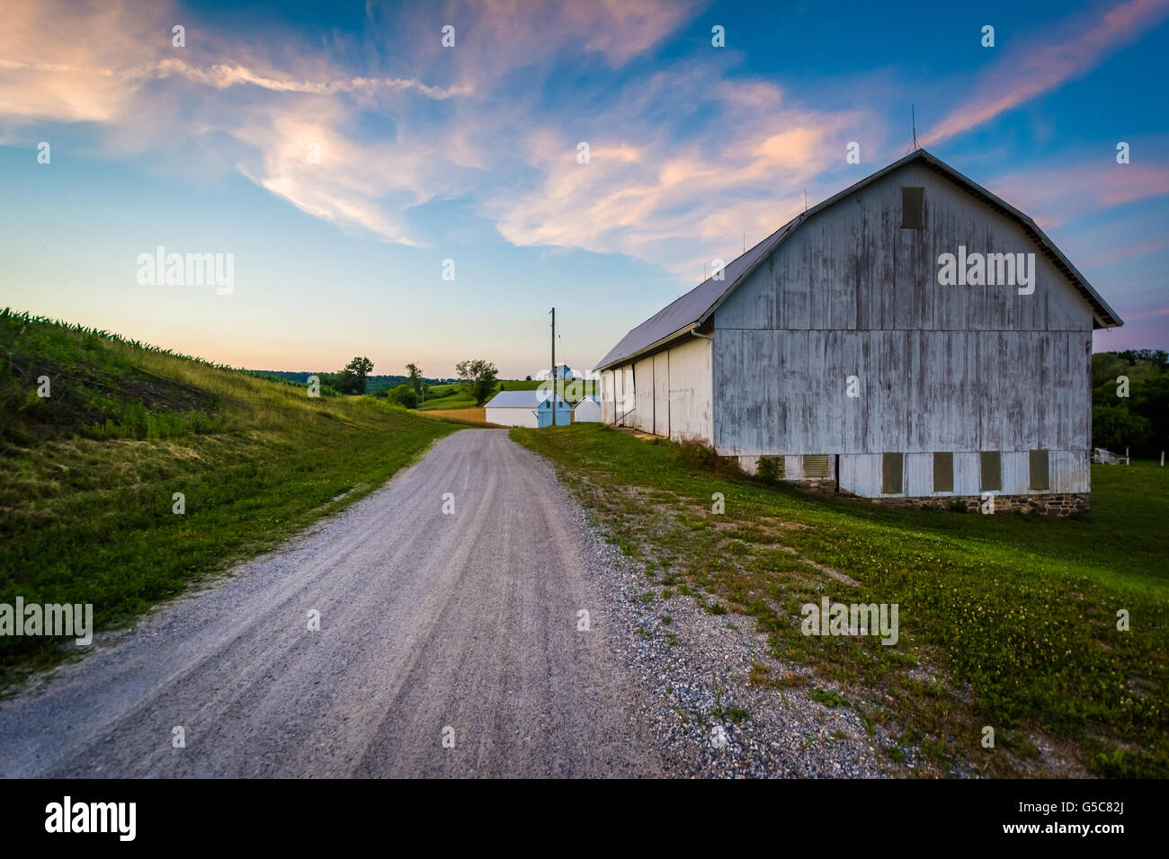 Barn along a dirt road at sunset, near Seven Valleys in rural York