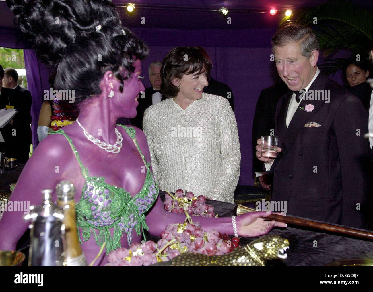 The Prince of Wales and Rosa Monckton (centre) laugh at Russian model Svetlana Dembrikaia at the 'Its Fashion' charity dinner at Waddesdon Manor, Buckinghamshire. * The Prince burst out laughing when he realised the 22-year-old model, who was covered in purple makeup and poking out through the centre of the table, was real . The dinner, attended by fashion designers, celebrities and models, is in aid of the Macmillan Cancer Relief charity. Stock Photo