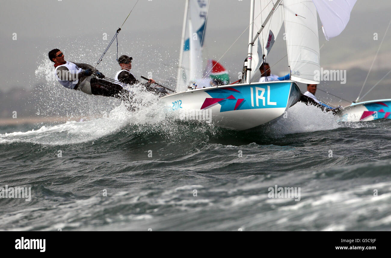 Ireland's 470 sailors Ger Owens and Scott Flanagan during the third race of their Olympic series off Weymouth today. Stock Photo