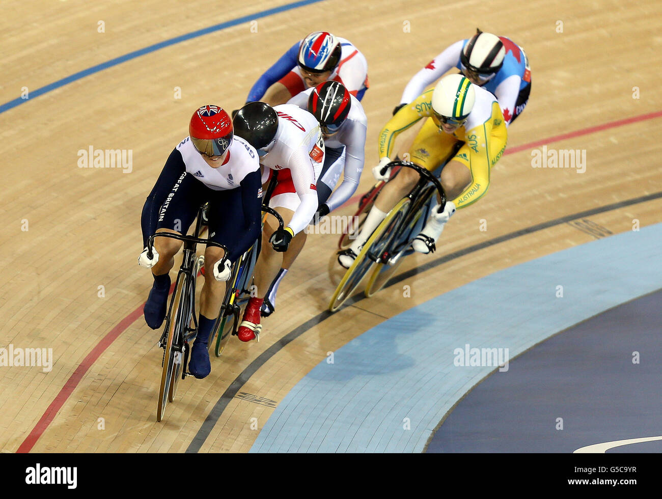 Great Britain's Victoria Pendleton leads on the last lap of the Women's Keirin Final at the Velodrome in the Olympic Park, during day seven of the London 2012 Olympics. Stock Photo