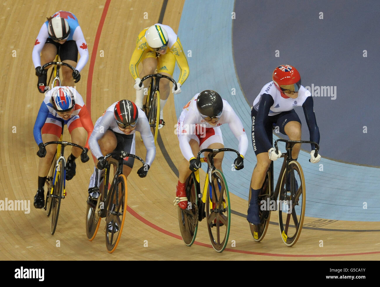 Great Britain's Victoria Pendleton leads the Women's Keirin Final at the Velodrome in the Olympic Park, during day seven of the London 2012 Olympics. Stock Photo