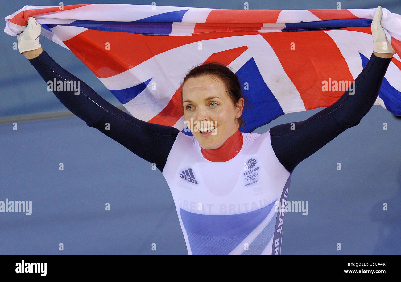 Great Britain's Victoria Pendleton celebrates after winning the Gold medal in the Women's Keirin at the Velodrome in the Olympic Park, during day seven of the London 2012 Olympics. Stock Photo