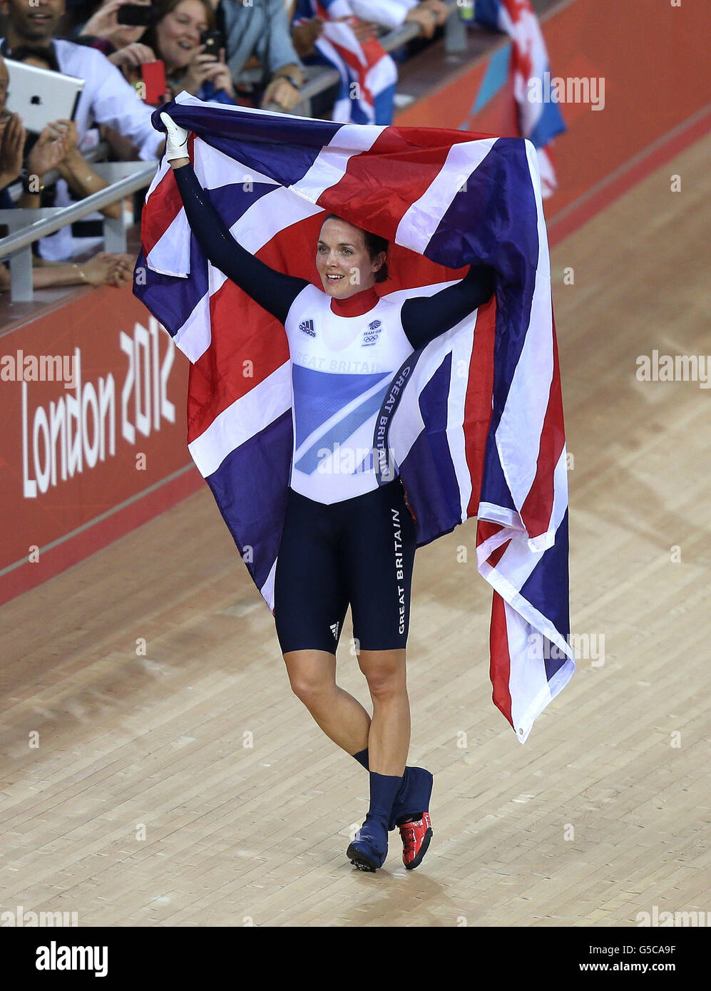 Great Britain's Victoria Pendleton celebrates after winning the Gold medal in the Women's Keirin at the Velodrome in the Olympic Park, during day seven of the London 2012 Olympics. Stock Photo