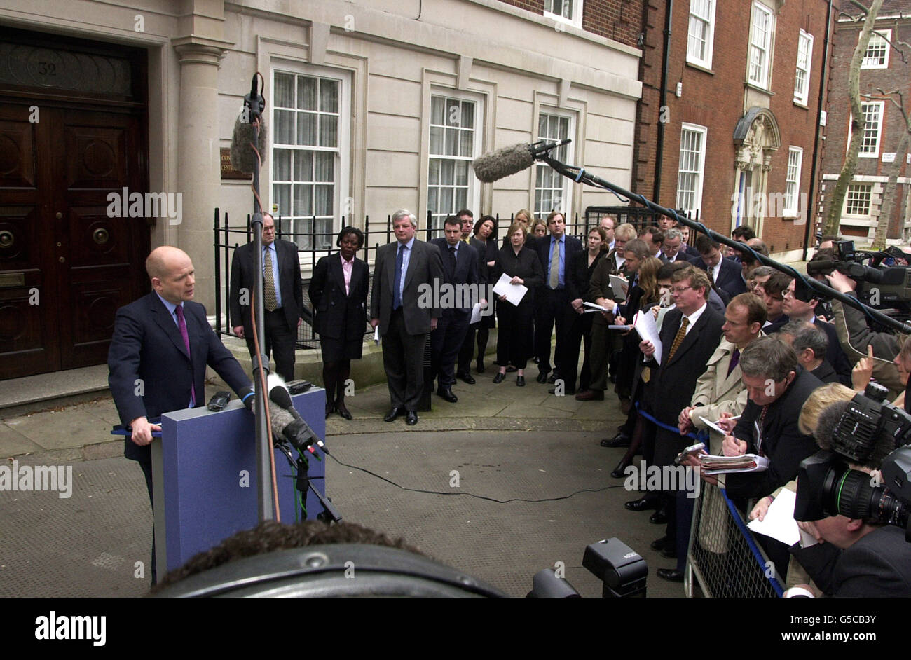 Conservative Party leader William Hague outside Conservative Party Central Office in central London, where he announced that Tory MP John Townend had signed an undertaking apologising for his controversial remarks about race. *He had been told to do so by William Hague - or be thrown out of the Conservative party. In a statement released by Conservative Central Office, Mr Townend withdrew his remarks and said he accepted that racism had no part in the party. Stock Photo