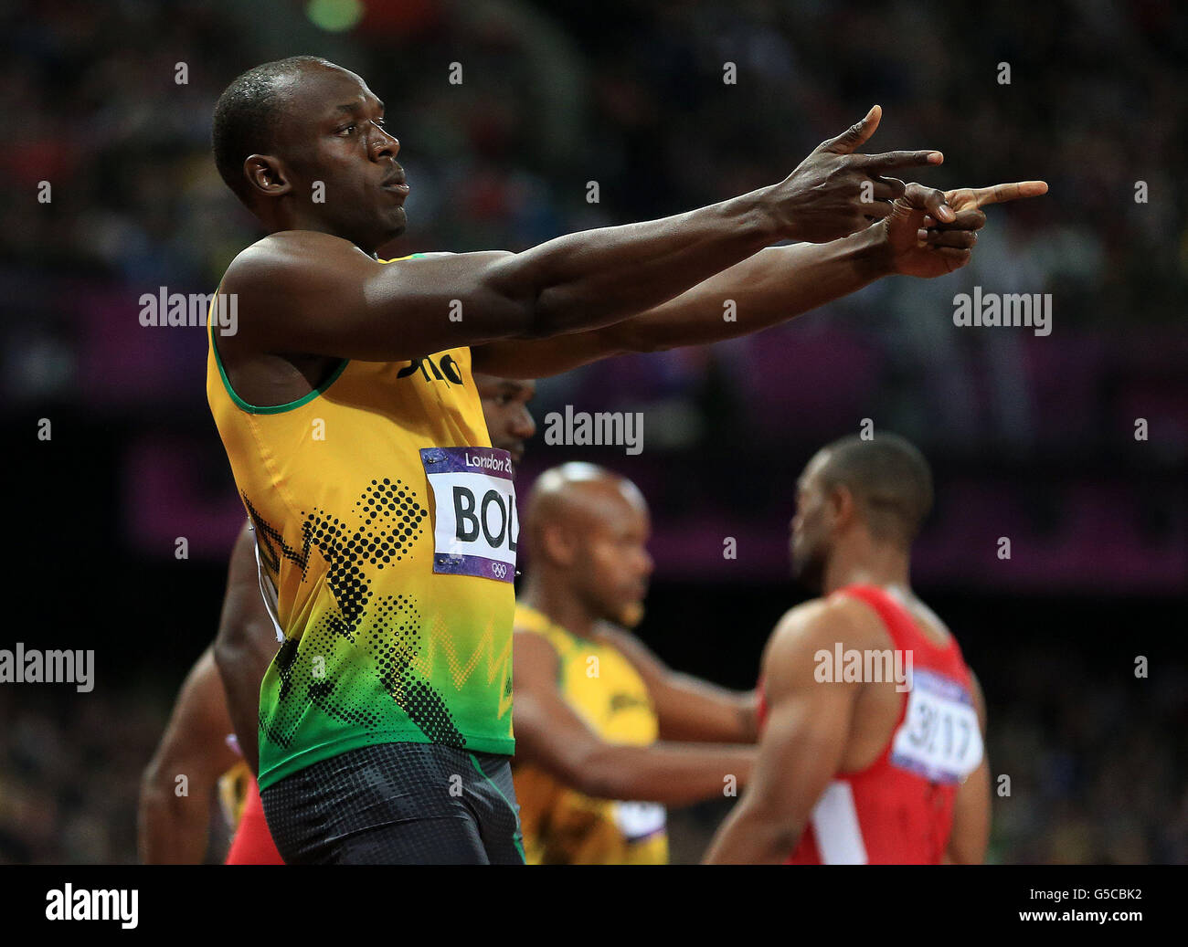 Jamaica's Usain Bolt at the start of the 100m final at the Olympic