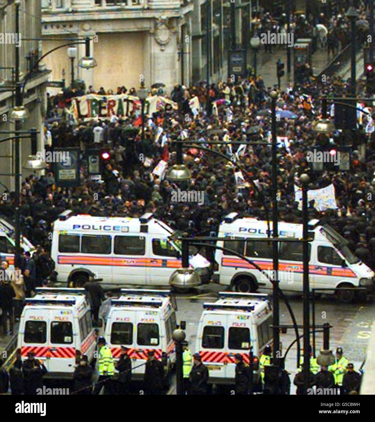 Police using horses and vans block Oxford Street at Oxford Circus, where  protesters converged during a day of anti-capitalist action. Some 6,000  officers were drafted into the capital to police the day's