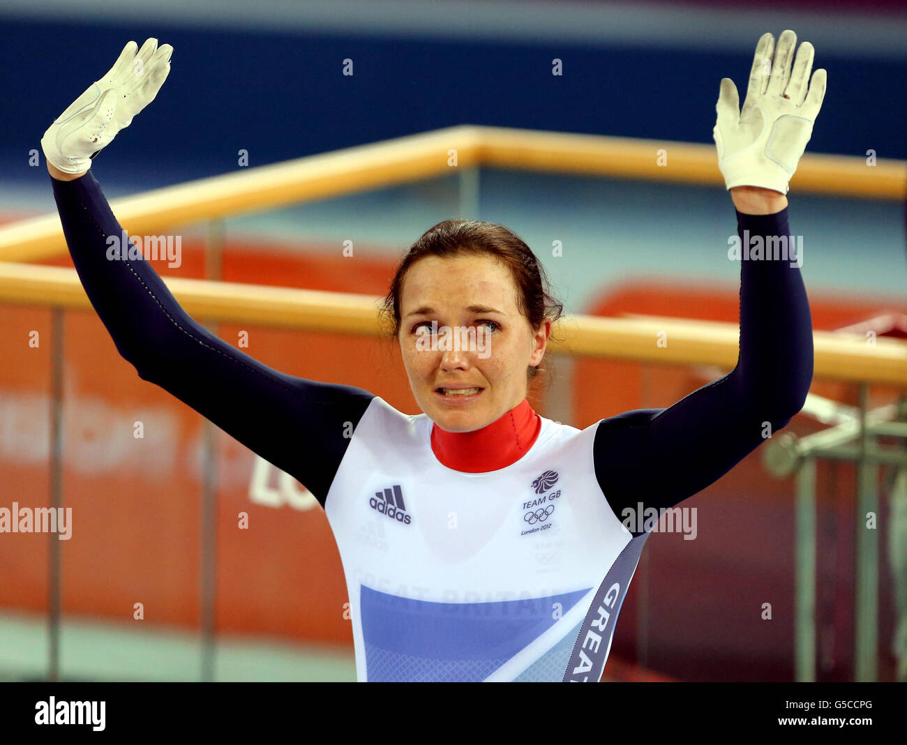 Great Britain's Victoria Pendleton after claiming a silver medal during the women's sprint on day eleven of the Olympic Games at the Velodrome, Olympic Park, London. Stock Photo