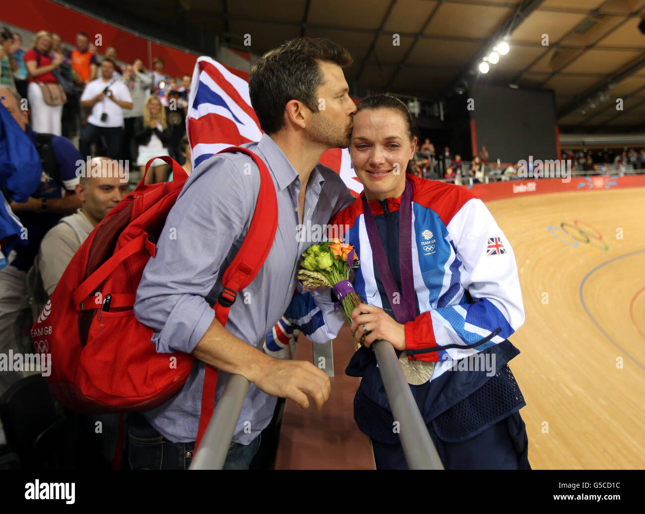 Great Britain's Victoria Pendleton (right) with her boyfriend Scott Gardner on day eleven of the Olympic Games at the Velodrome, Olympic Park, London. Stock Photo