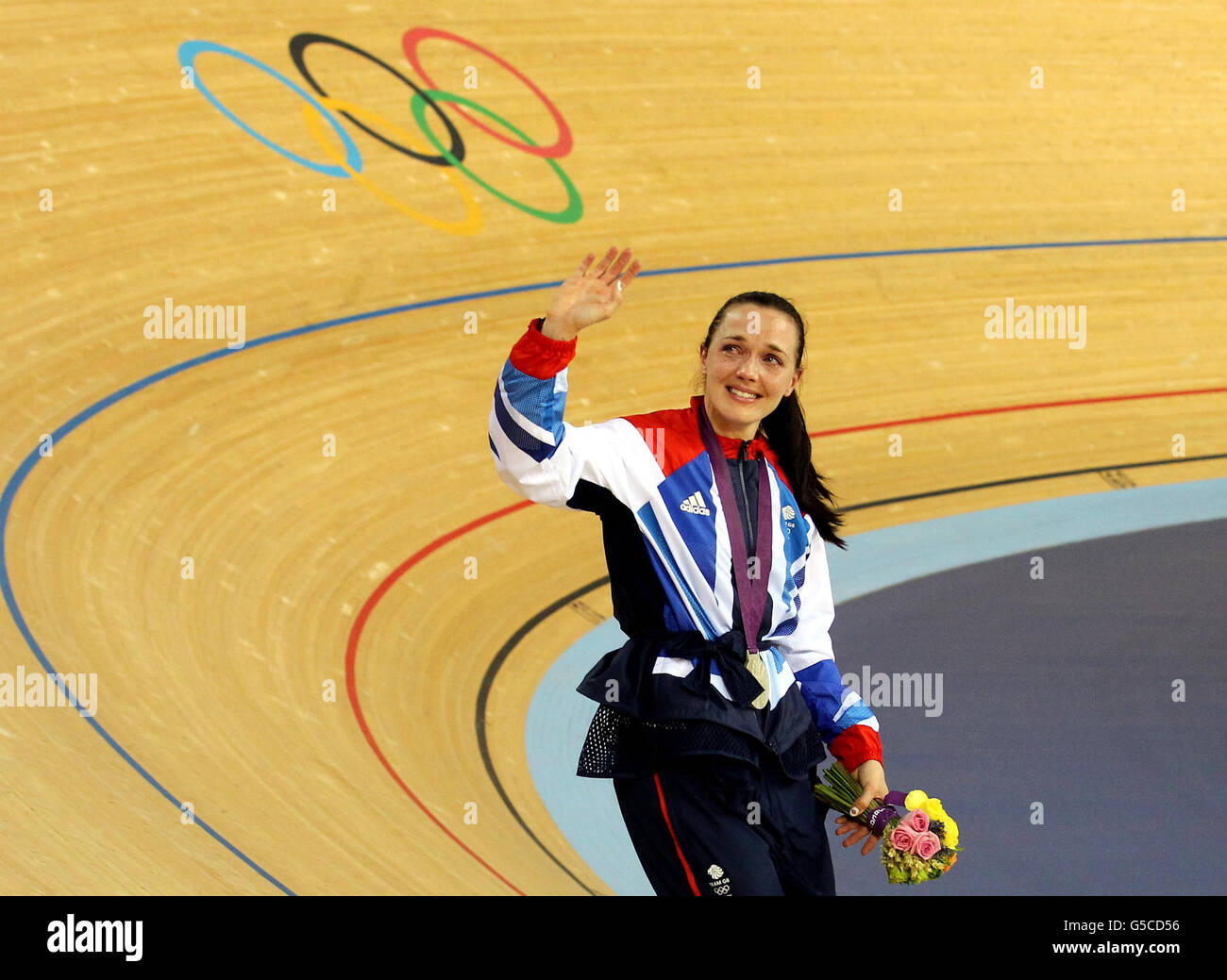 Great Britain's Victoria Pendleton after claiming a silver medal during the women's sprint on day eleven of the Olympic Games at the Velodrome, Olympic Park, London. Stock Photo