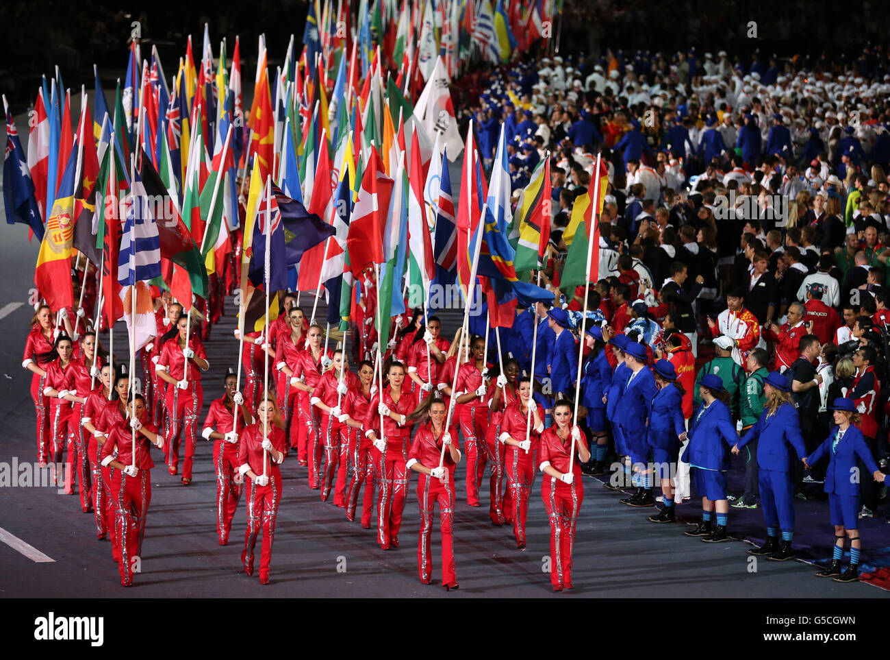 The flags of competing nations during the Closing Ceremony of the London 2012 London Olympics at the Olympic Stadium. Stock Photo