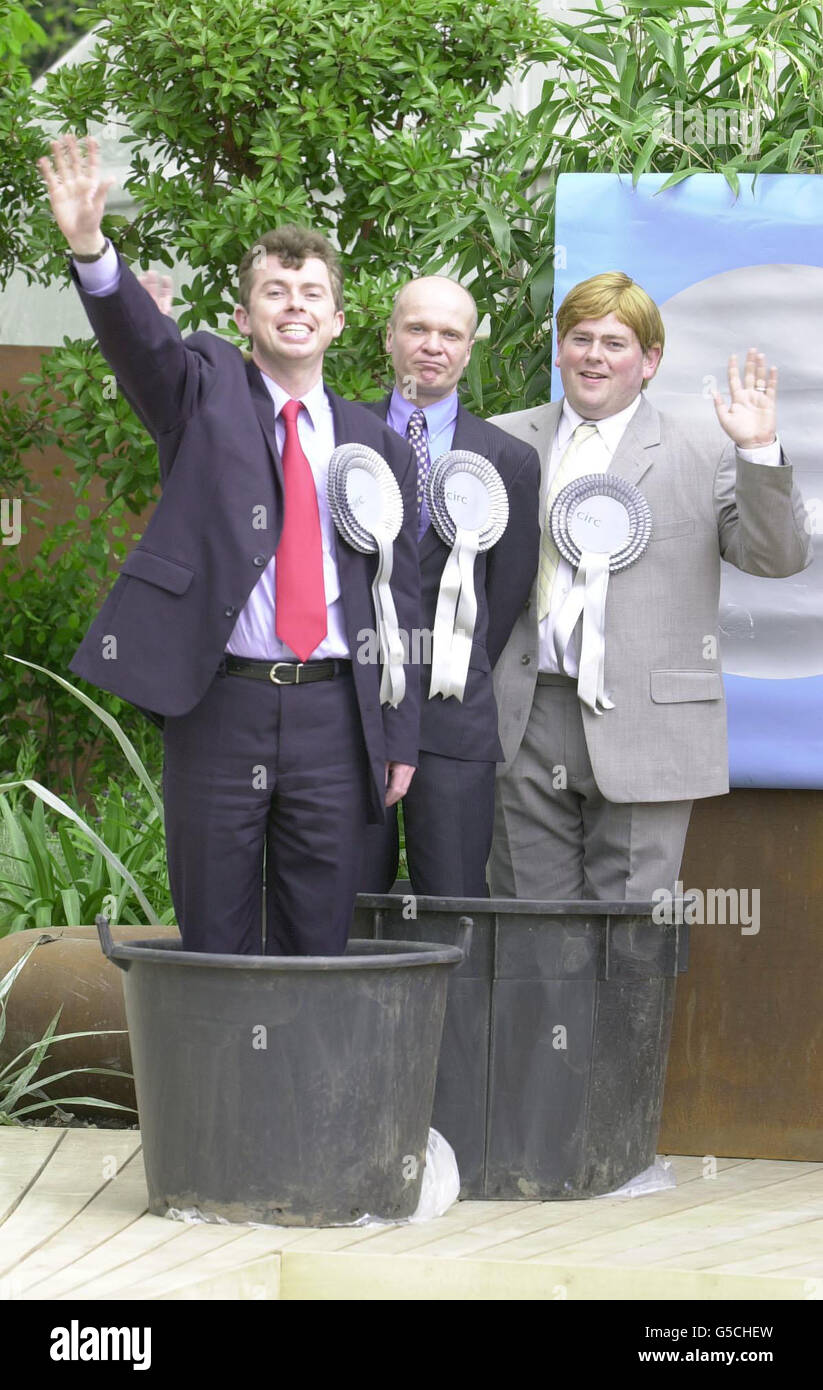 Look-a-likes of from left Tony Blair, William Hague, and Charles Kennedy, (real names) Tom Skehan, Chris Hughes, and David Mountfield, make an appearance at the annual Chelsea Flower Show. * The lookalike politicians were in the gardens to promote a hair shampoo, which gives life to limp hair. Stock Photo