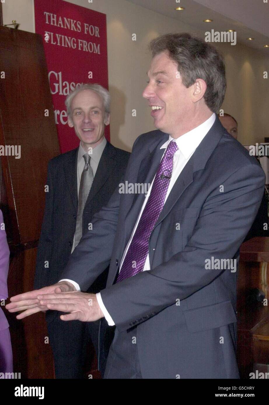 Britain's Prime Minister Tony Blair, turns down the offer of a pint of beer, at the Cloud Nine airport arrivals bar, when he arrived at Prestwick airport. * The Labour leader was visiting Scotland, as campaigning for all the three main parties continued in various parts of the UK ahead of the June 7 Election. Stock Photo