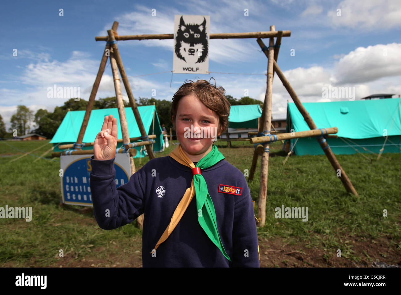 Evan Quigley, aged 11, from 2nd Cavan Cub Scouts at the official opening of the new Castle Saunderson International Scout Centre in Co Cavan, Ireland. Stock Photo