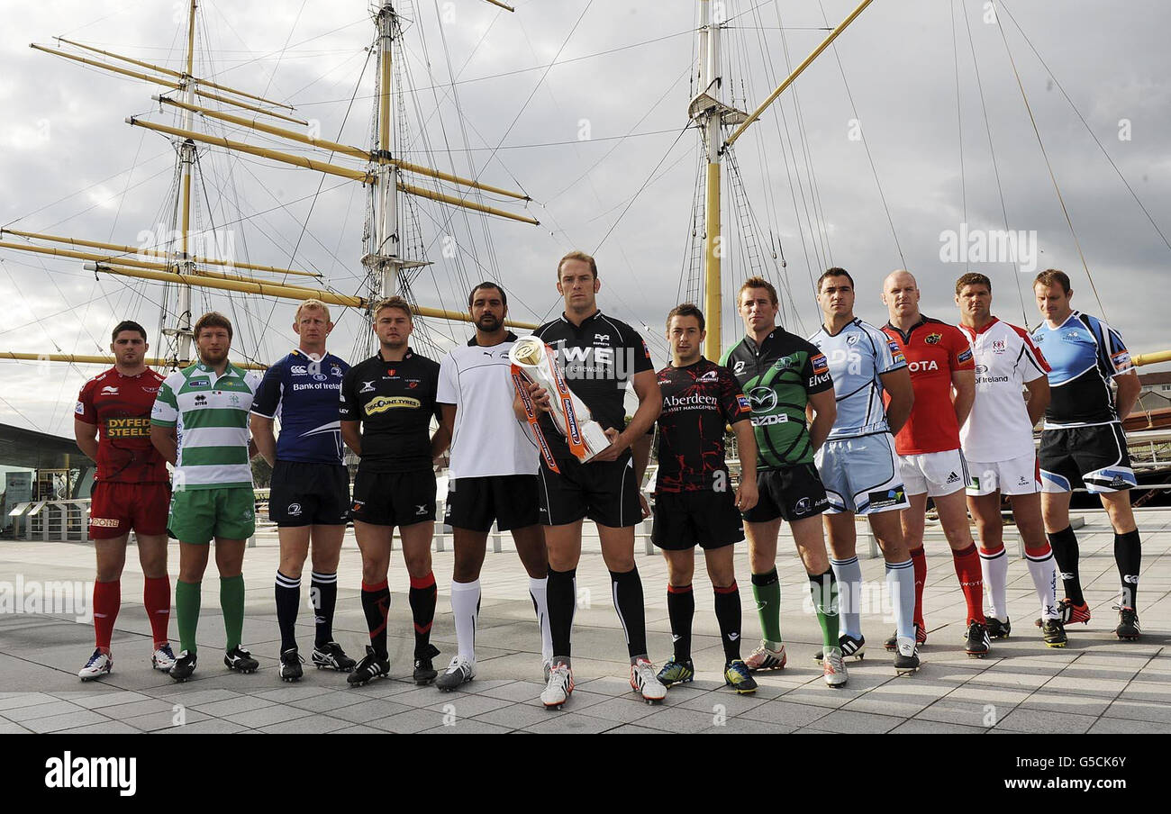 Team captains (left to right) Scarlets Rob McCusker, Benetton's Antonio Pavanello, Leinster's Lee Cullen, Newport Gwent-Dragons Louie Evans, Zebre's Marco Bortolani, Ospreys Alun Wyn Jones, Edinburgh's Greig Laidlaw, Connaught's Gavin Duffy, Cardiff's Andre Pretorius, Munster's Paul O'Connell, Ulster's Johannes Muller and Glasgow's Al Kellock during the RaboDirect PRO12 Launch at the Riverside Museum, Glasgow. Stock Photo