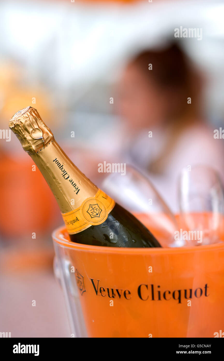Detail of Veuve Clicquot champagne in an ice bucket at Goodwood