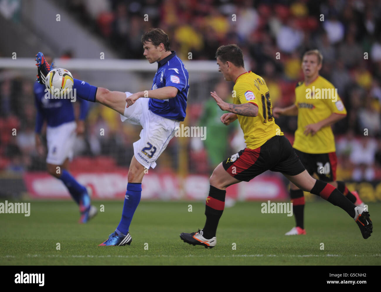 Watfords sean murray right challenges birmingham citys jonathan spector