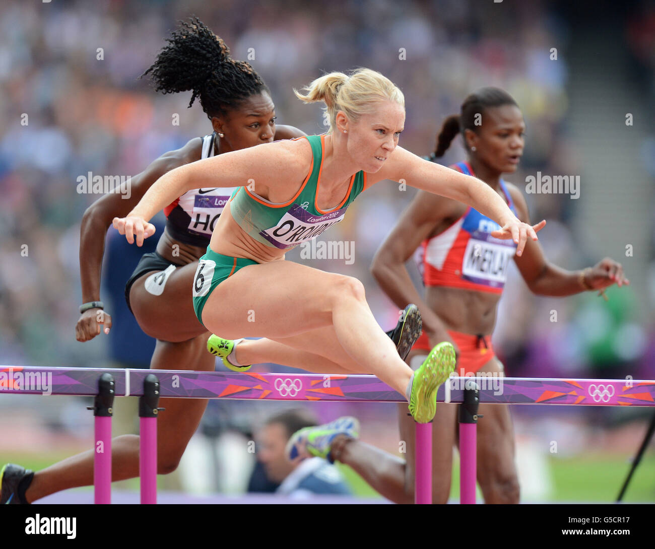 Ireland's Derval O'Rourke in action during the Women's 100m Hurdles heats at the Olympic Stadium, London. Stock Photo