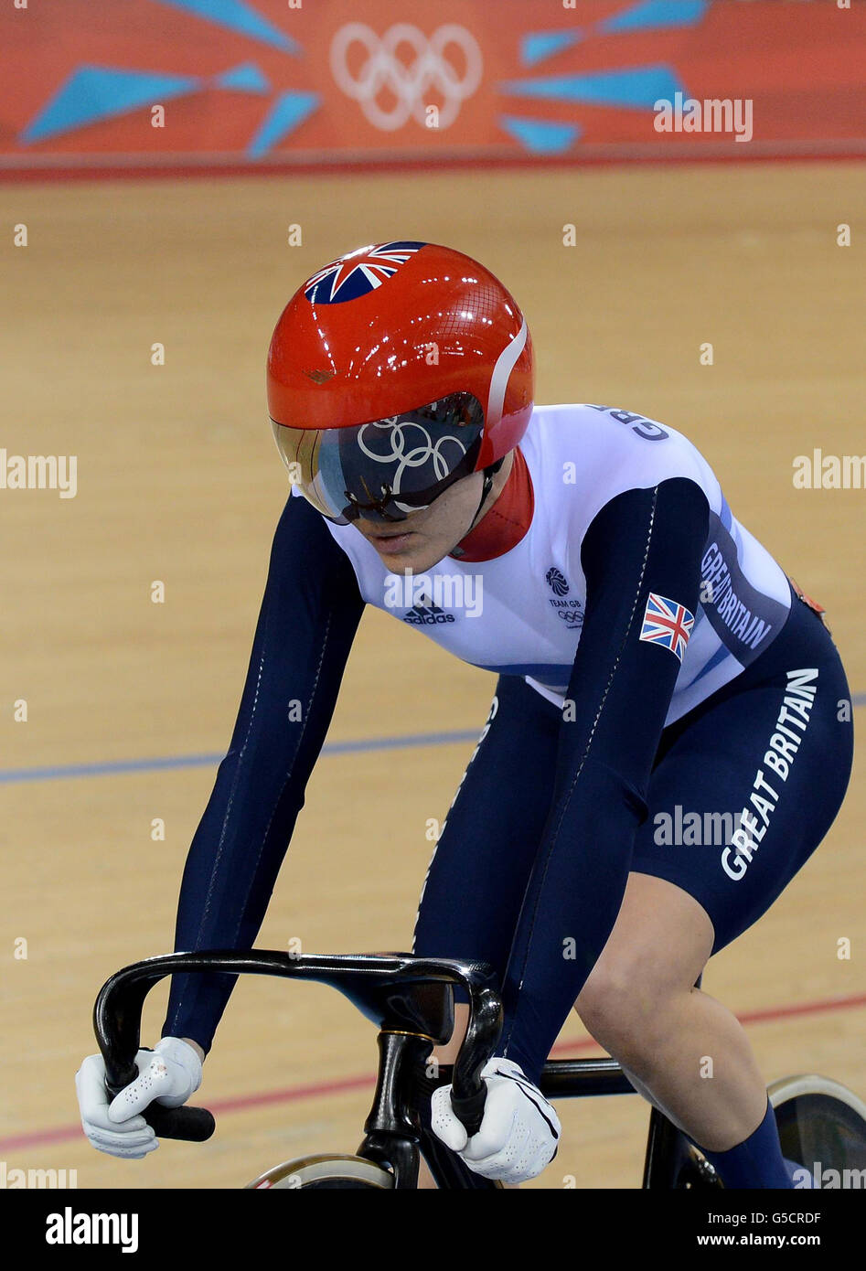 Great Britain's Victoria Pendleton in the Women's Sprint Quarter Final on day Ten of the Olympic Games at the Velodrome in London. Stock Photo