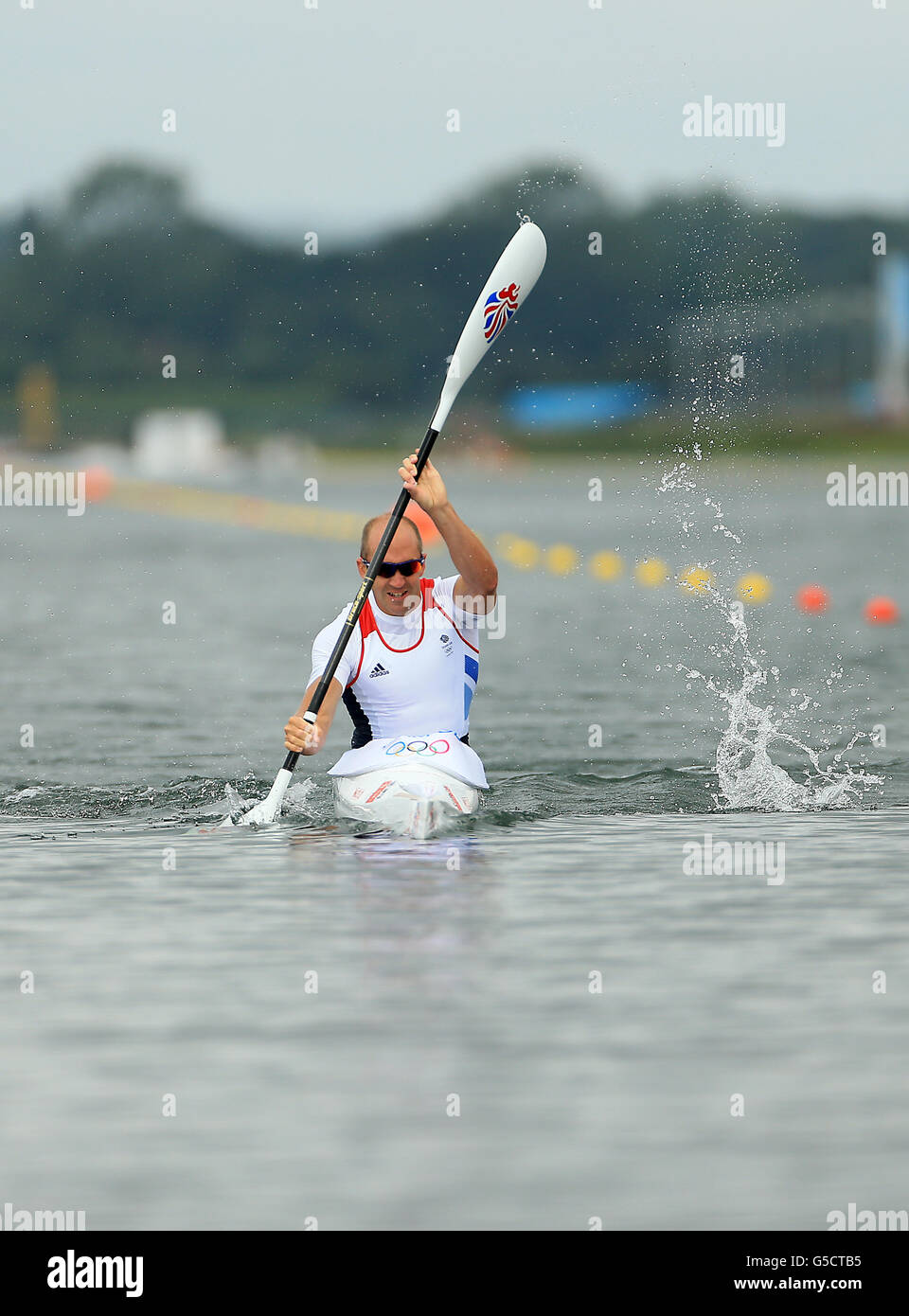 Great Britain's Tim Brabants in action in the final A of the men's single kayak at Eton Dorney on day twelve of the London 2012 Olympic Games. Stock Photo