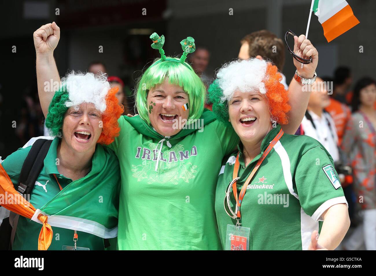Irish Fans gathered for Ireland's Katie Taylor's bout against Tajikistan's Mavzuna Chorieva in the Women's Light (60 kg) Boxing at the ExCel Centre, London, on the twelfth day of the London 2012 Olympics. Stock Photo