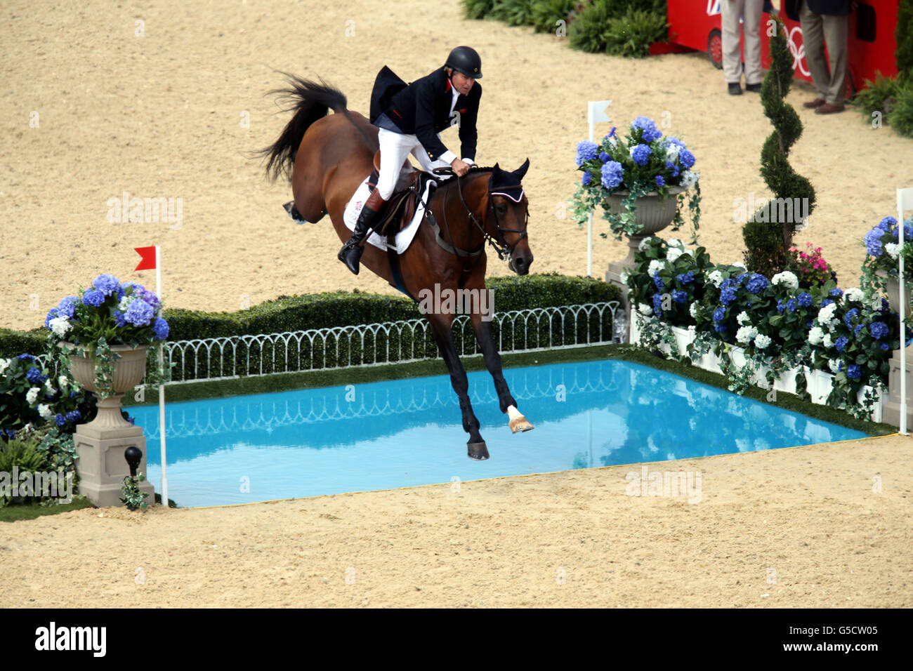 Great Britain's Nick Skelton riding Big Star during the Individual Jumping Final Round A at Greenwich Park,, on the twelfth day of the London 2012 Olympics. Stock Photo