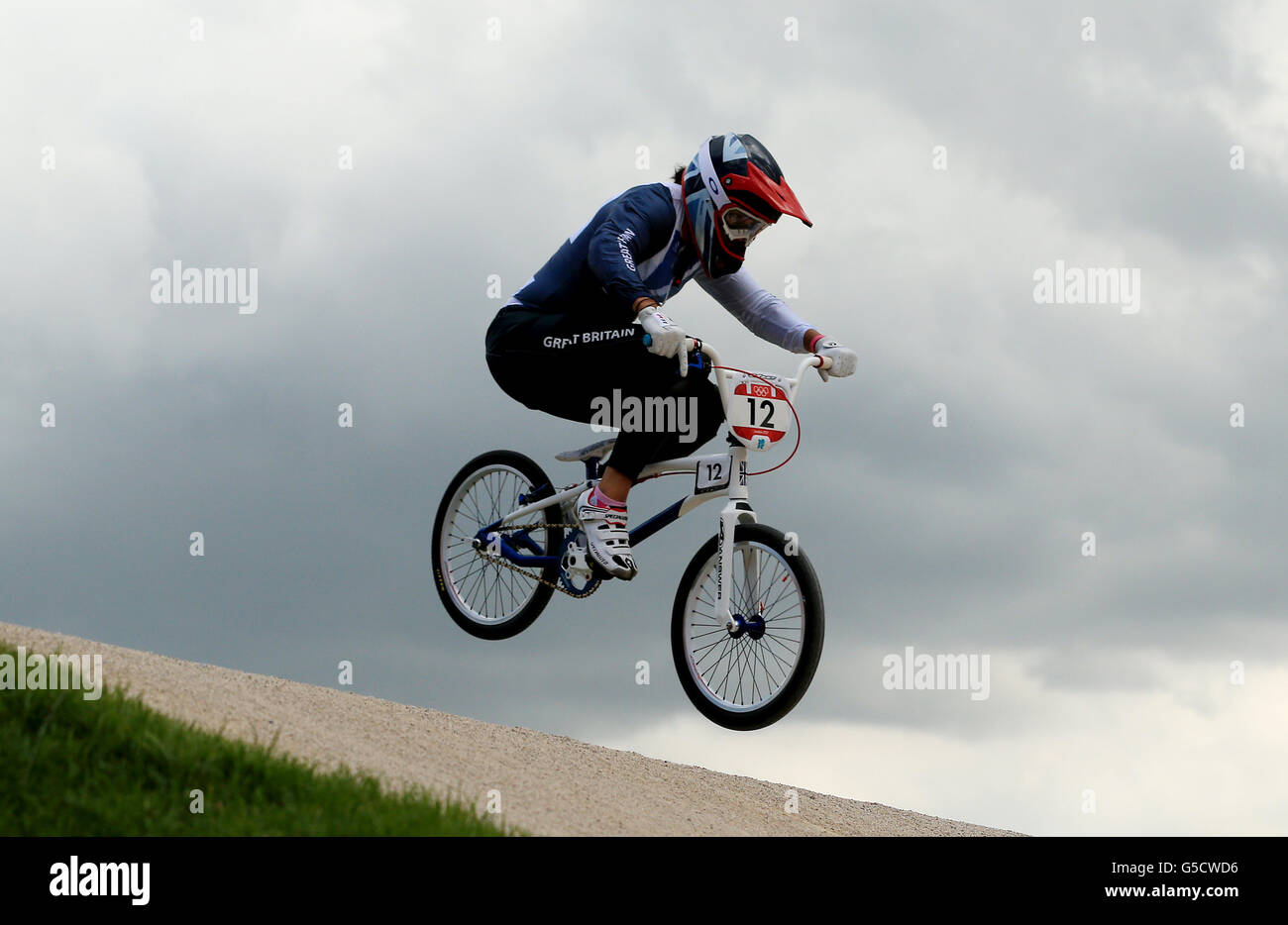 Great Britain's Shanaze Reade during the Women's BMX Seeding Run at the BMX Track in the Olympic Park, on the twelfth day of the London 2012 Olympics. Stock Photo