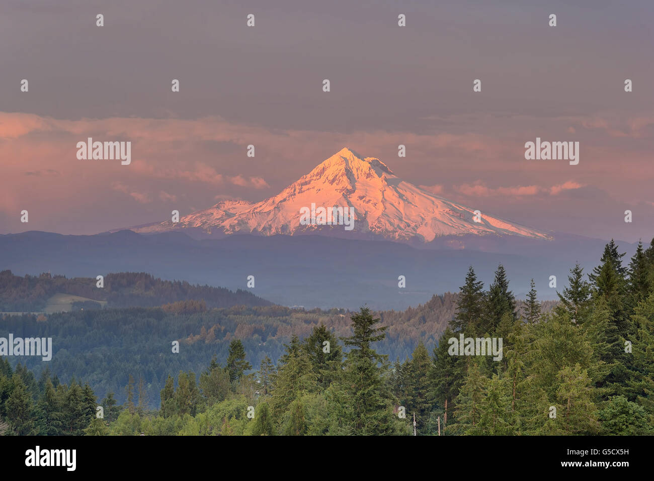 Mount Hood evening alpenglow during sunset from Happy Valley Oregon Stock Photo