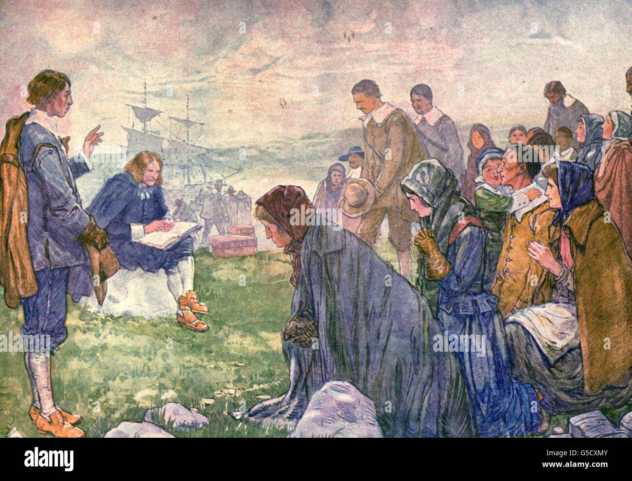 On the 23rd of December, 1620, the Pilgrims landed at the Cornerstone of a nation, Plymouth Rock Stock Photo