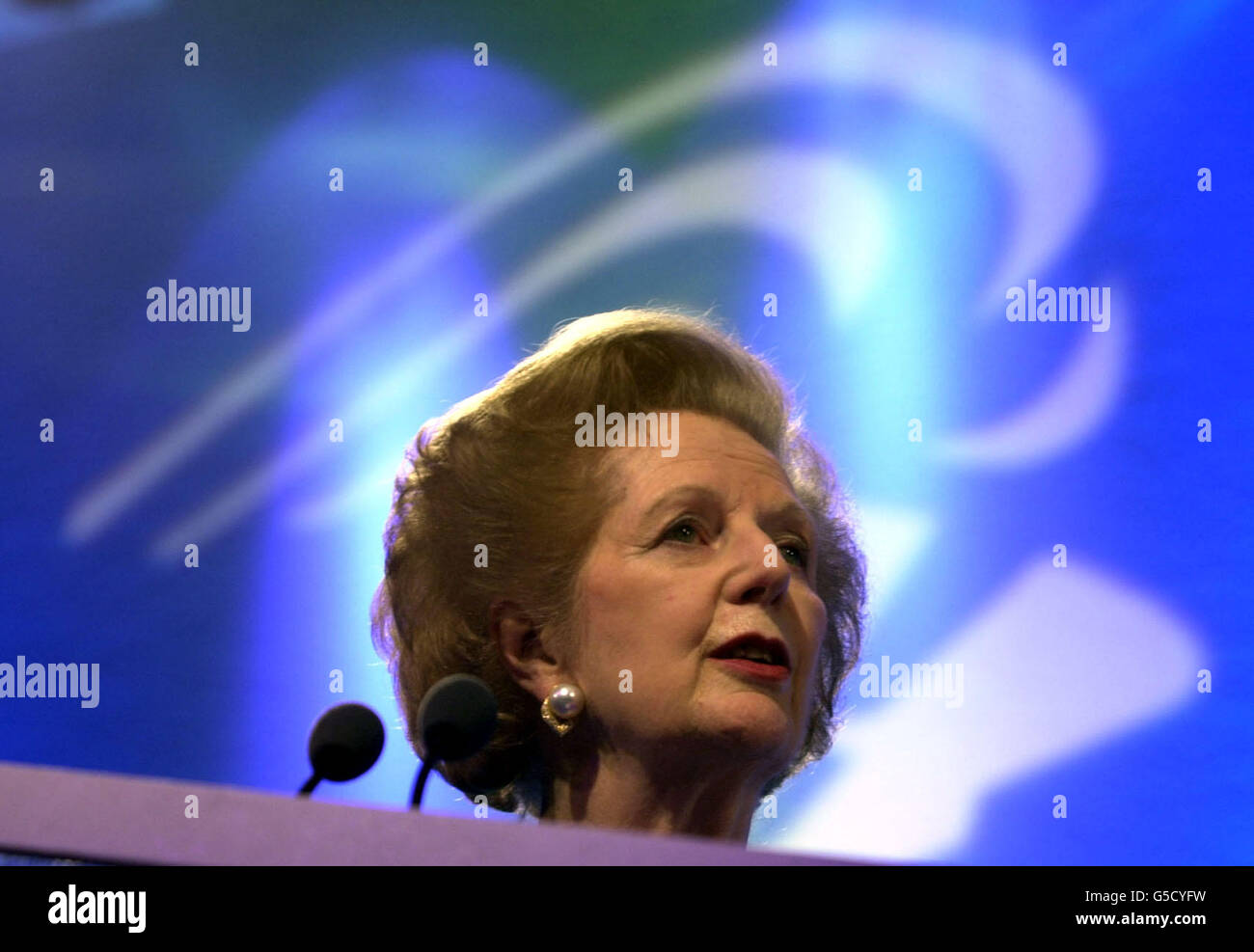 Baroness Thatcher speaking at a Conservative Party rally ahead of the General Election, in Plymouth. The former premier said the key issue of the election was whether Britain would remain a free, independent nation or would be dissolved into a federal Europe. Stock Photo