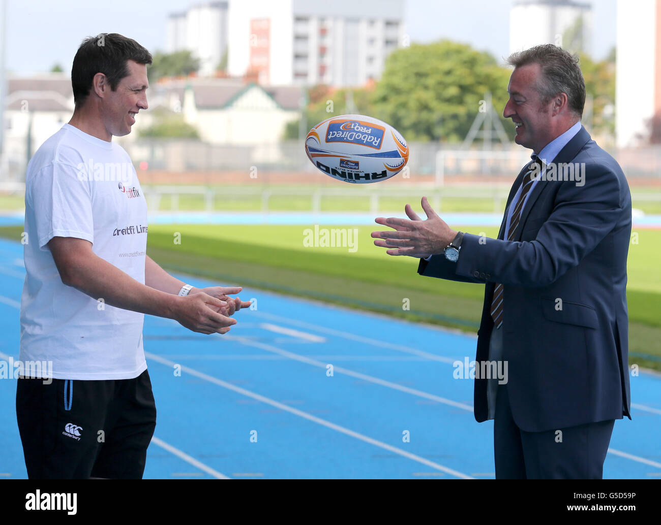 Glasgow Warriors new defence coach Matt Taylor (left) with Pearse Flynn, Credit Fix Chief Executive during the sponsorship announcement at Scotstoun Stadium, Glasgow. PRESS ASSOCIATION Photo. Picture date: Tuesday August 28, 2012. Photo credit should read: Andrew Milligan/PA Wire. Stock Photo