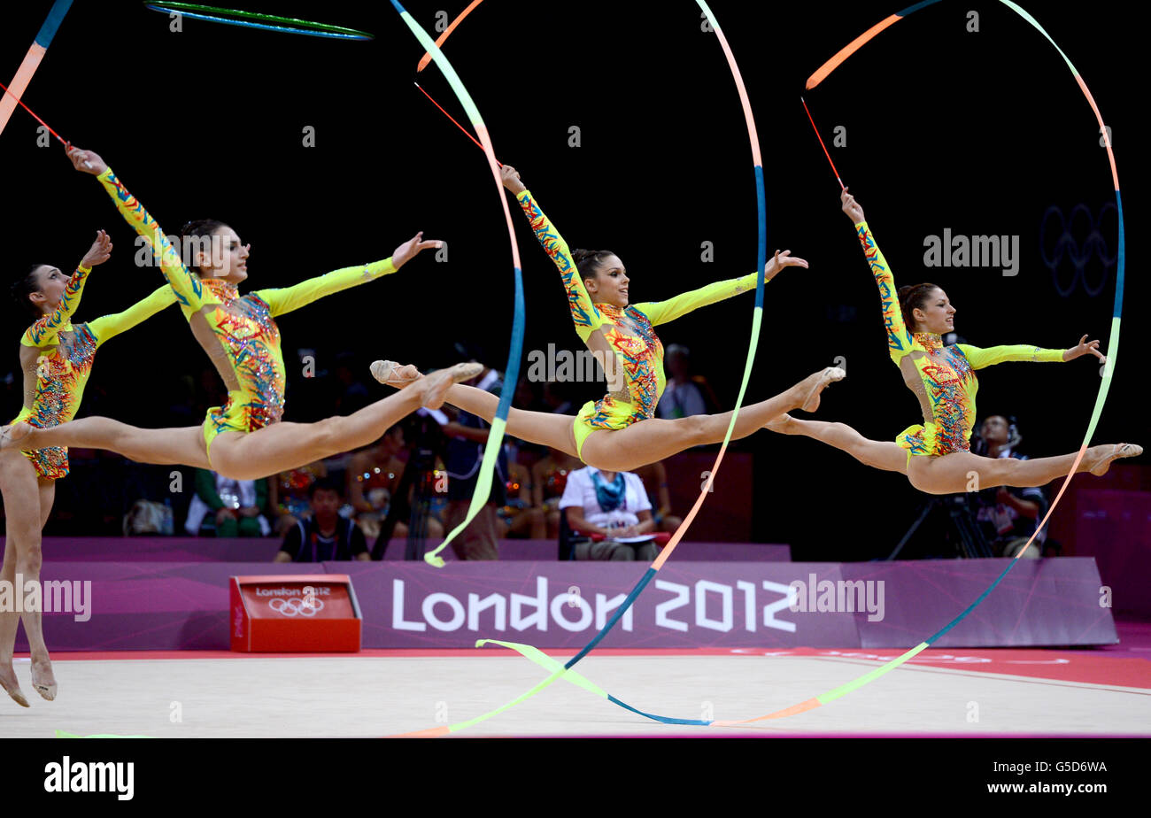 Greece compete with three ribbons and two hoops during the Rhythmic
