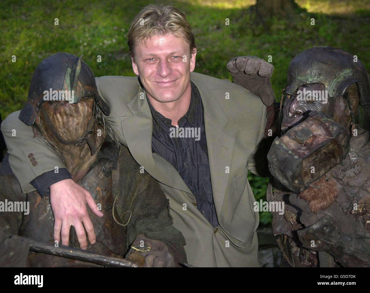 Sean Bean meets some troll characters, as he arrives for the party of the forthcoming film Lord of the Rings in which he stars. Stock Photo