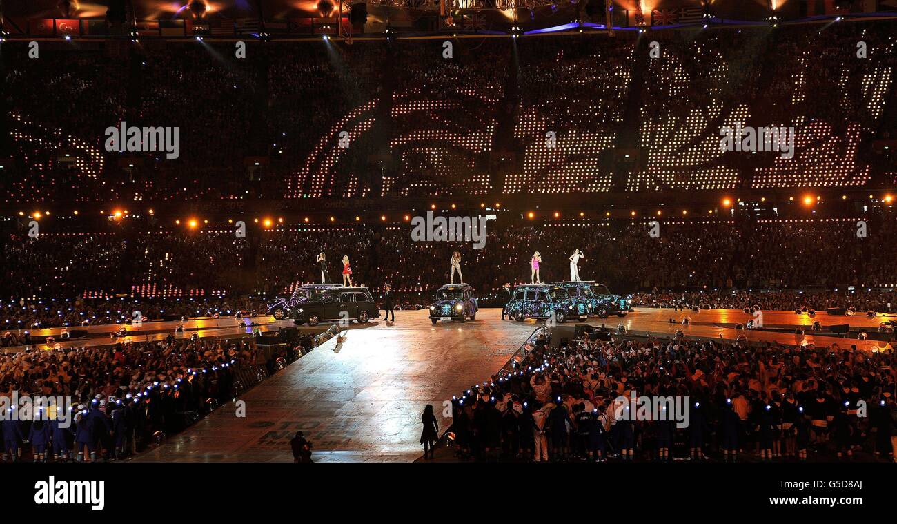 A general view the Spice Girls performing at the closing ceremony of the London 2012 Olympics at packed Olympic Stadium in Stratford east London. Stock Photo