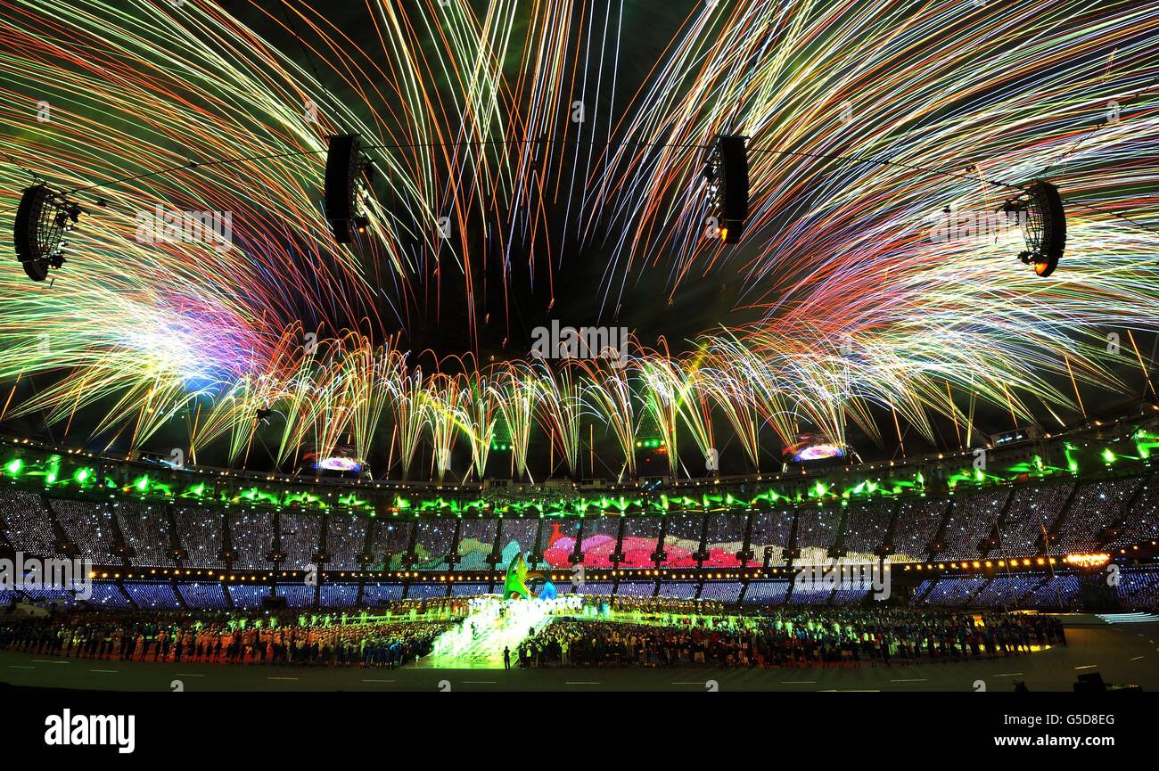 A general view as the fireworks signal the end of the London 2012 Olympics at packed Olympic Stadium in Stratford east London. Stock Photo