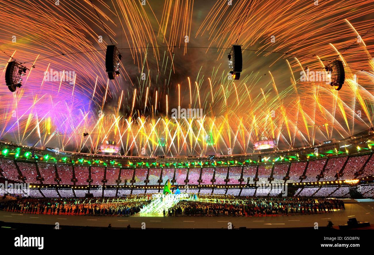 A general view as the fireworks during the closing ceremony of the London 2012 Olympics at packed Olympic Stadium in Stratford east London. Stock Photo