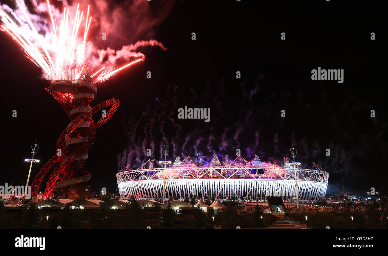 Fireworks over the Olympic Stadium and Orbit the closing ceremony at