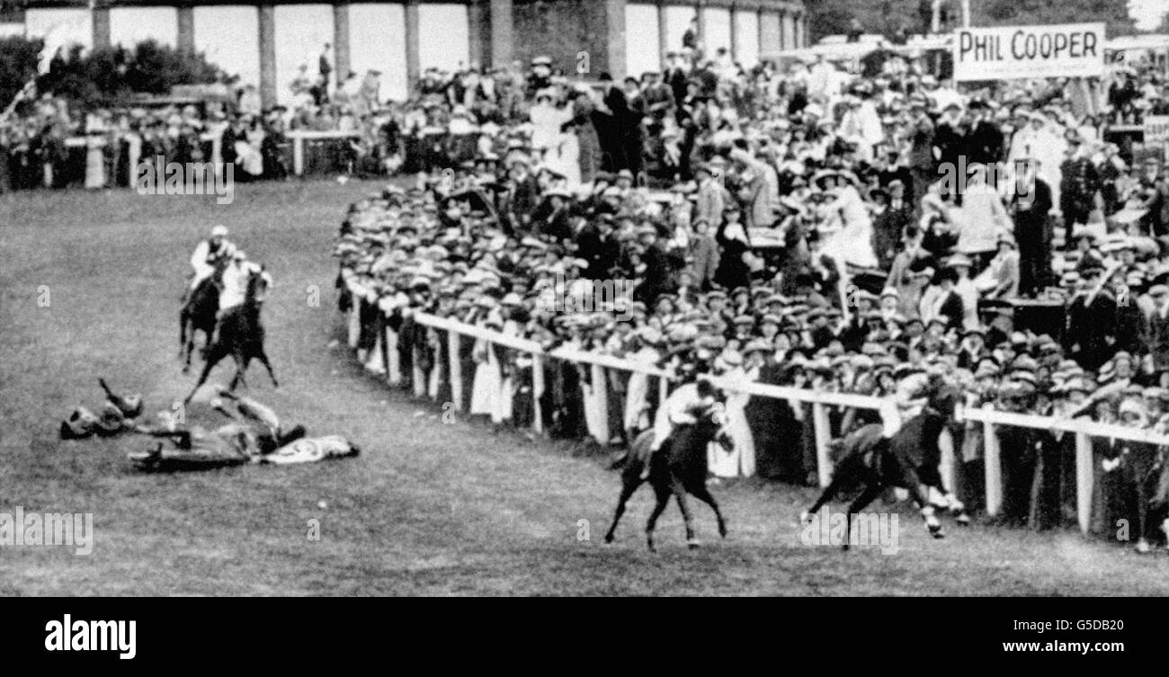 On this day in 1913 Emily Davison threw herself, as a suffragette protest, beneath the King's horse Anmer in the Derby. She died the next day from a fractured skull in Epsom Cottage Hospital. Stock Photo