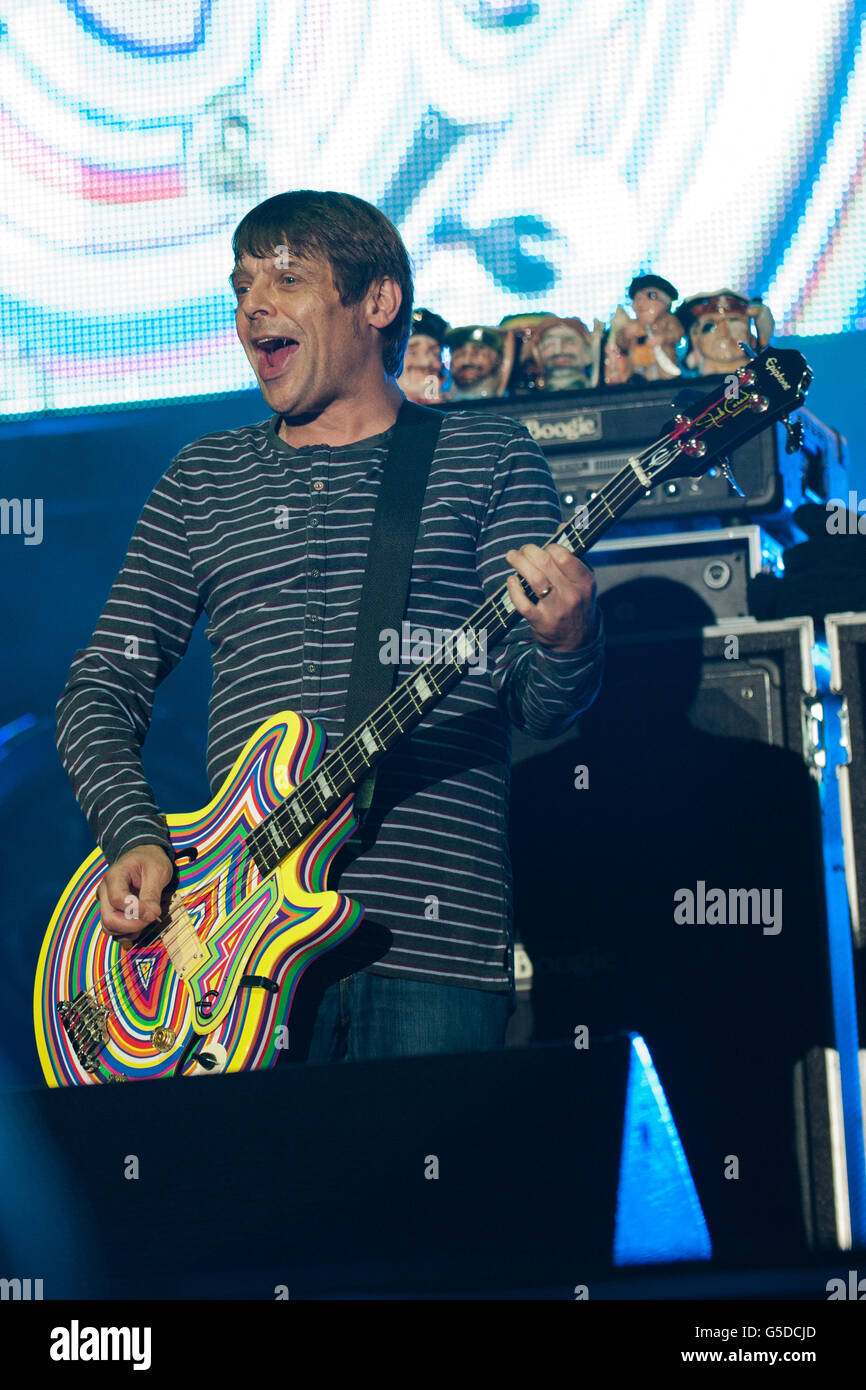 Mani of The Stone Roses performs on the main stage at the V Festival in