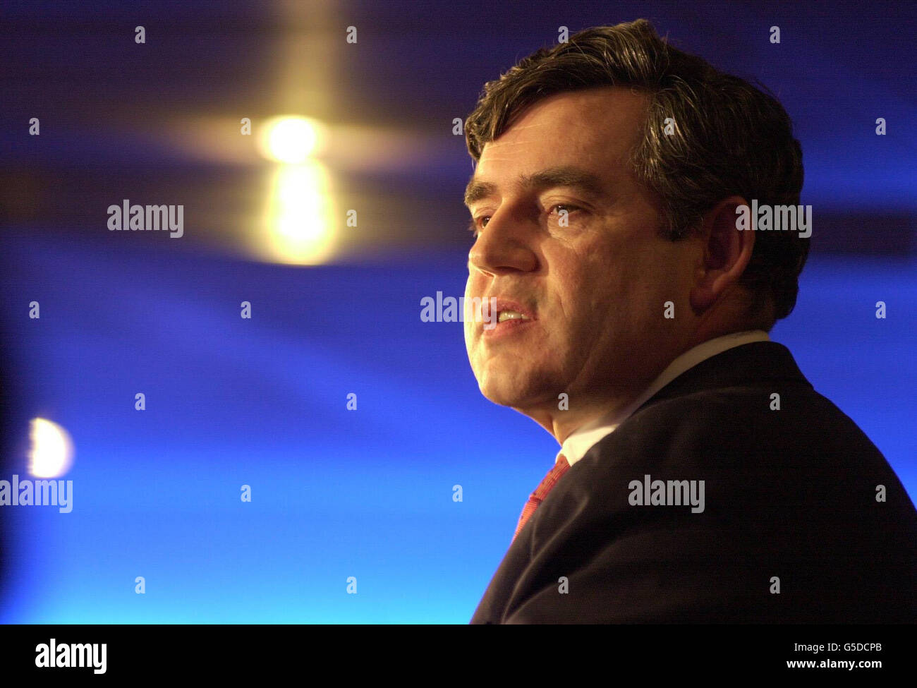 Chancellor Gordon Brown speaks at the launch of Labour's business manifesto in London. He held out the prospect of a 'virtuous circle of economic stability, rising investment and improved competitiveness' for British business under a second Labour administration. He said his first government had kept its promise to build a partnership with firms by keeping interest rates and inflation down while investing in skills. Stock Photo