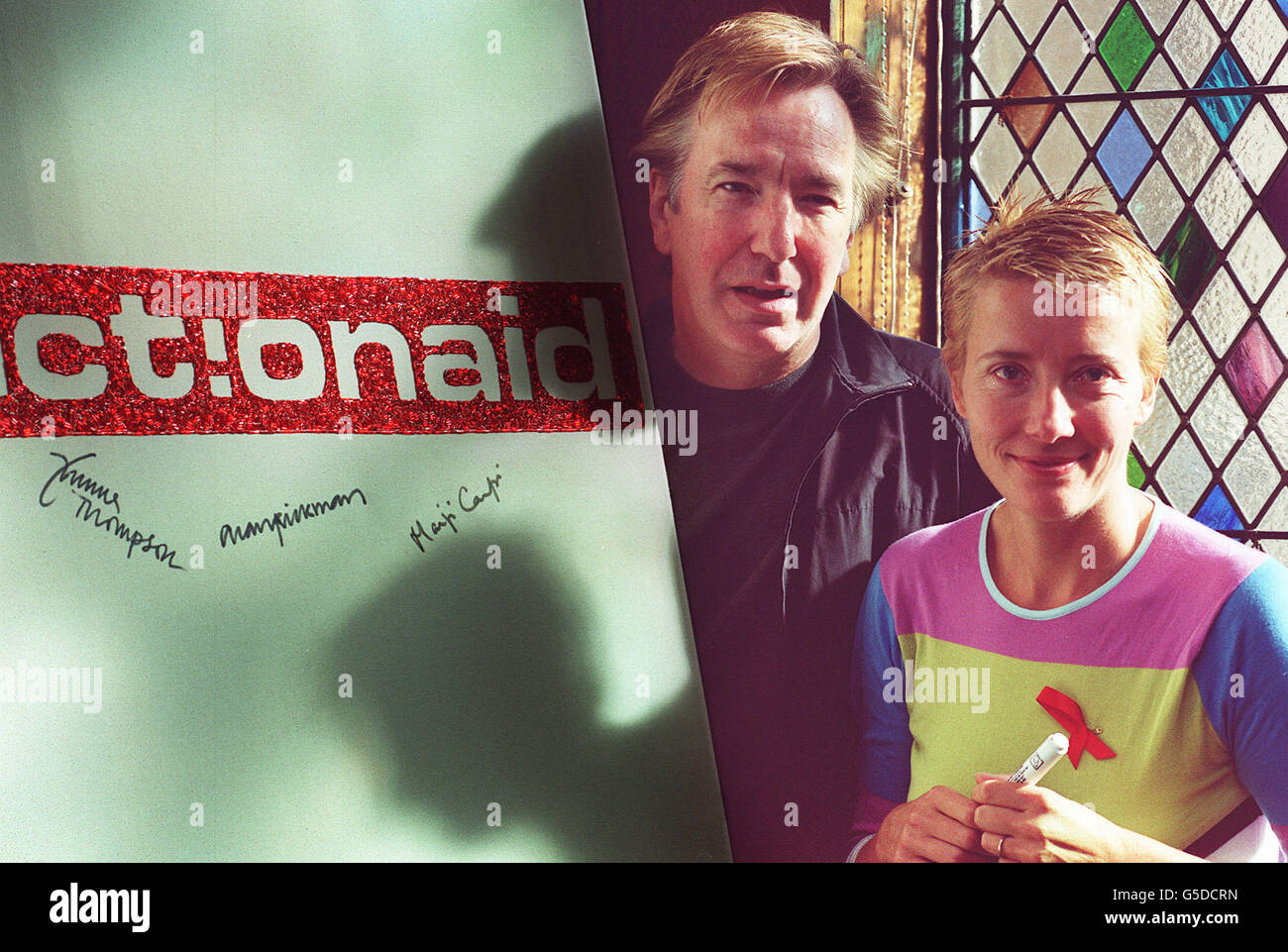 Actors Alan Rickman and Emma Thompson at London's Ivy Restaurant, helping to launch ActionAid Week, where they were spearheading a national campaign of writing to Tony Blair to urge the government to give more money to fighting Aids in the developing world. Stock Photo