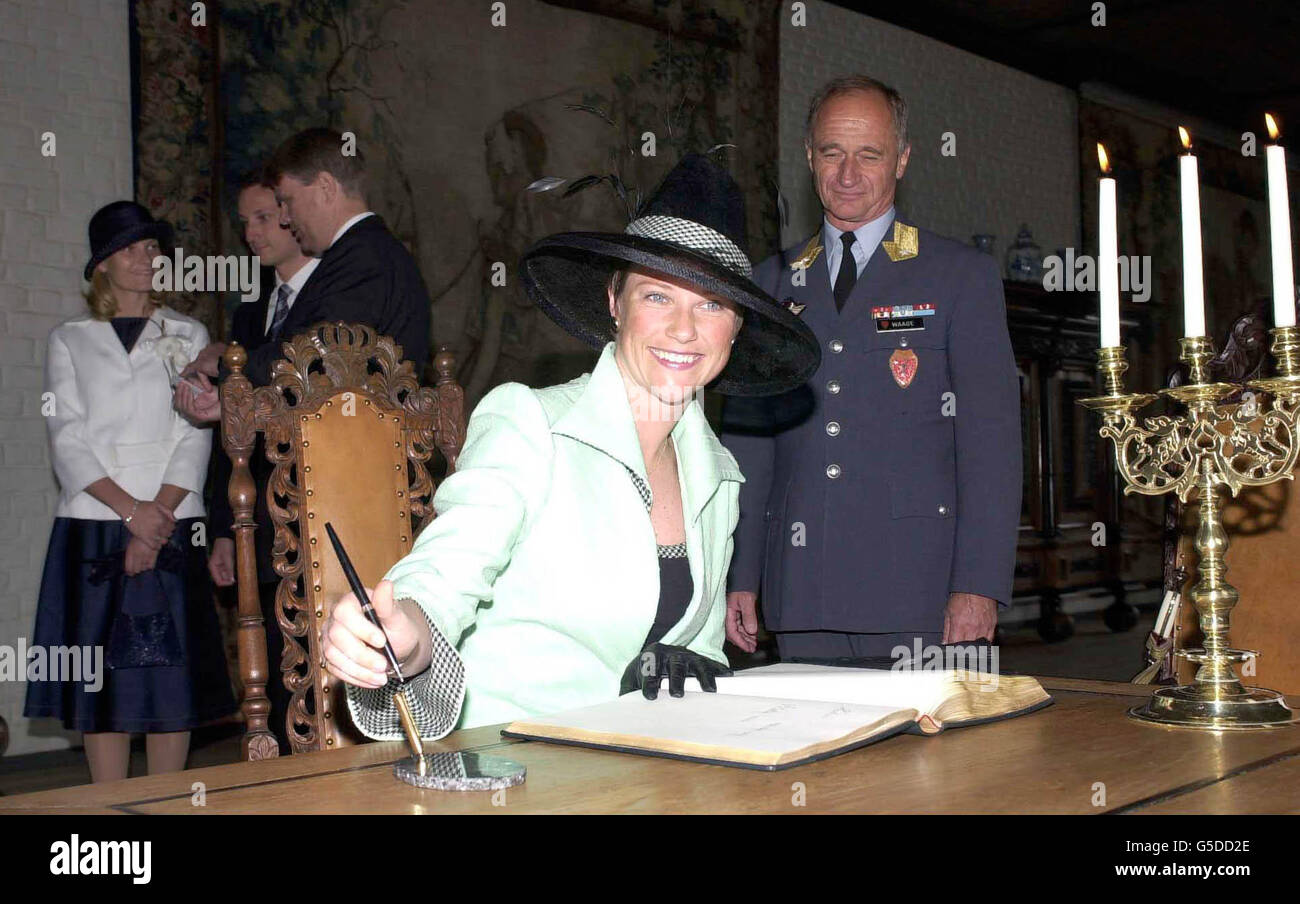 Princess Martha Louise of Norway signs the visitor's book as she arrives for a Norwegian Government luncheon at Askershus Castle in Oslo, Norway. * held in Britain's Queen Elizabeth II honour. The Queen and the Duke of Edinburgh are on a State Visit to the country. Stock Photo