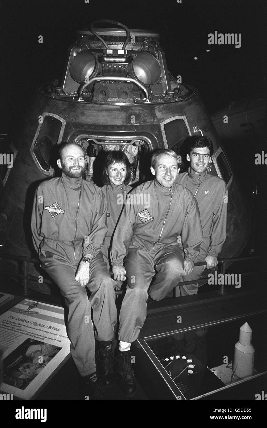 Tense smiles from would-be astronauts at the Science Museum, London as the countdown begins to the naming of two successful candidates for the Juno Space Mission. From Left: Dr Gordon Brooks, Helen Sharman, Tim Mace and Clive Smith. Stock Photo