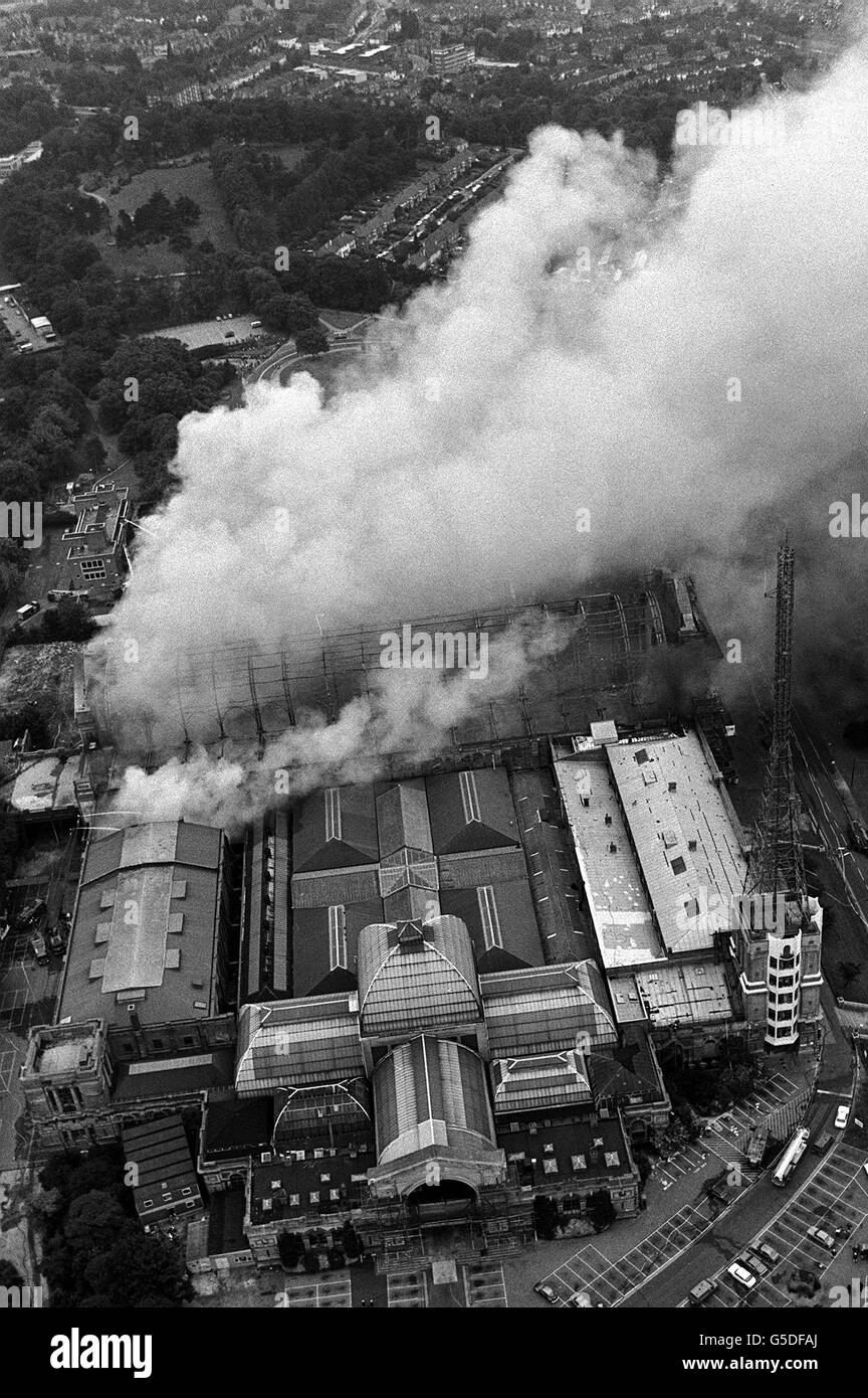 Aerial view of London's historic Alexandra Palace when more than 200 firemen were fighting a major blaze at the complex. The Great Hall (running along centre of picture), which was built 1875, was severely damaged. Stock Photo