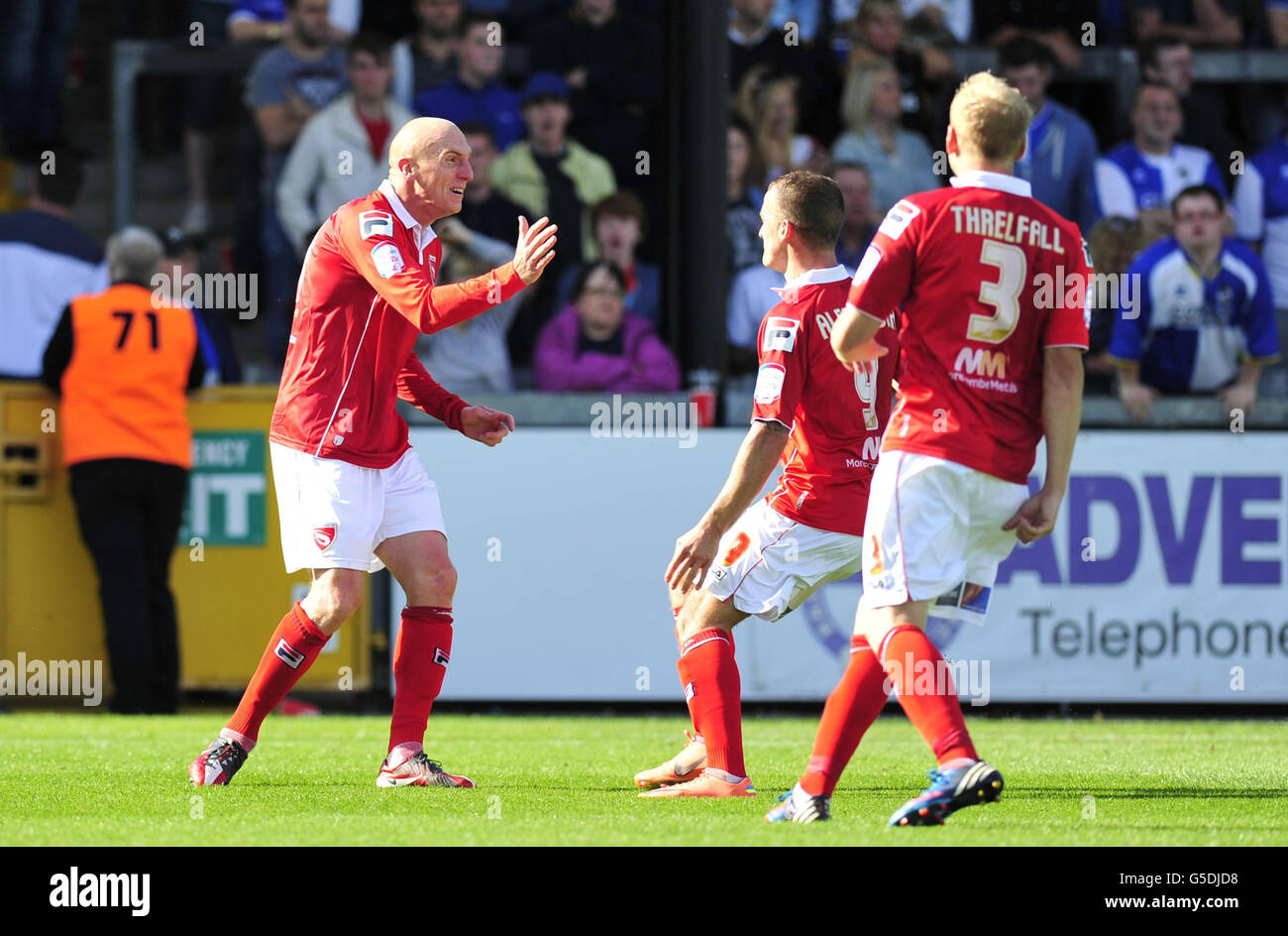 Morecambe's Kevin Ellison celebrating their third goal during the npower Football League Two match at the Memorial Stadium, Bristol. Stock Photo