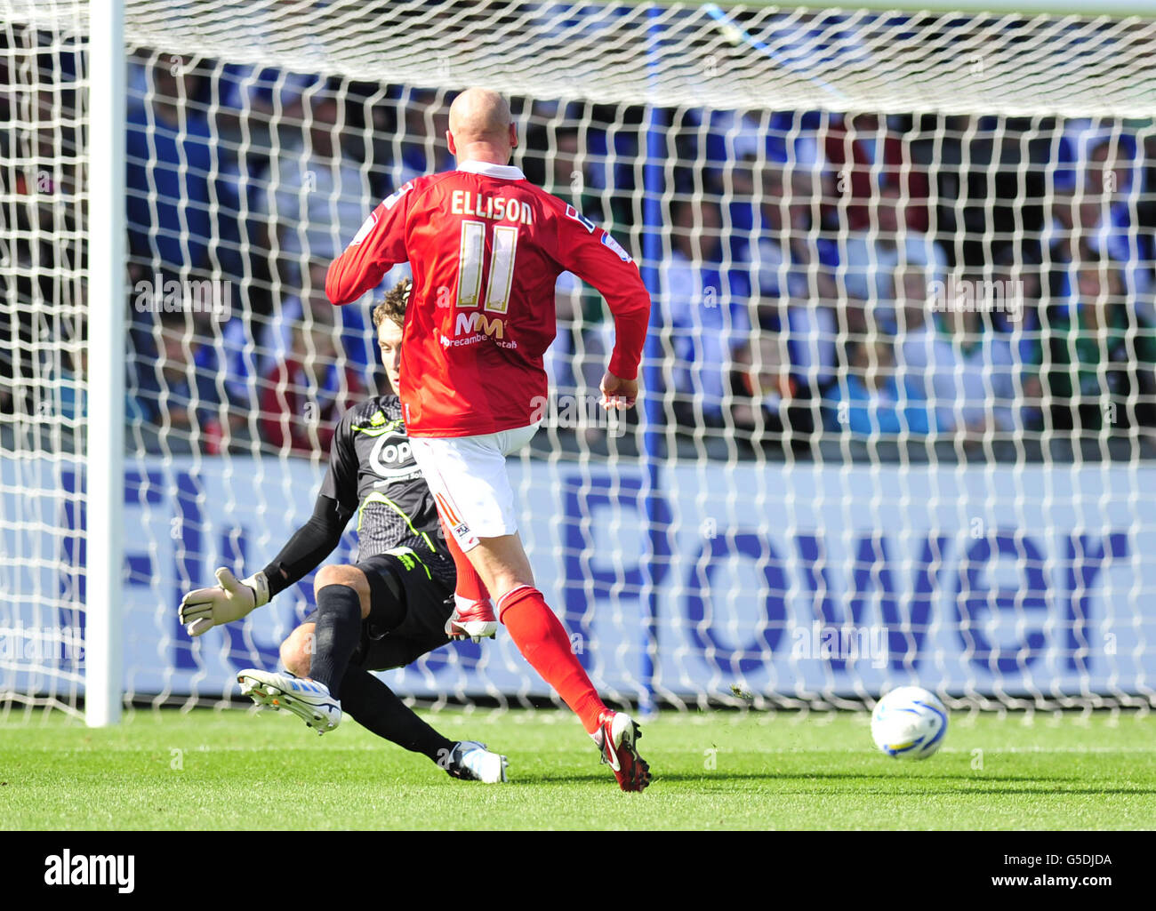 Morecambe's Kevin Ellison scores the third goaL during the npower Football League Two match at the Memorial Stadium, Bristol. Stock Photo