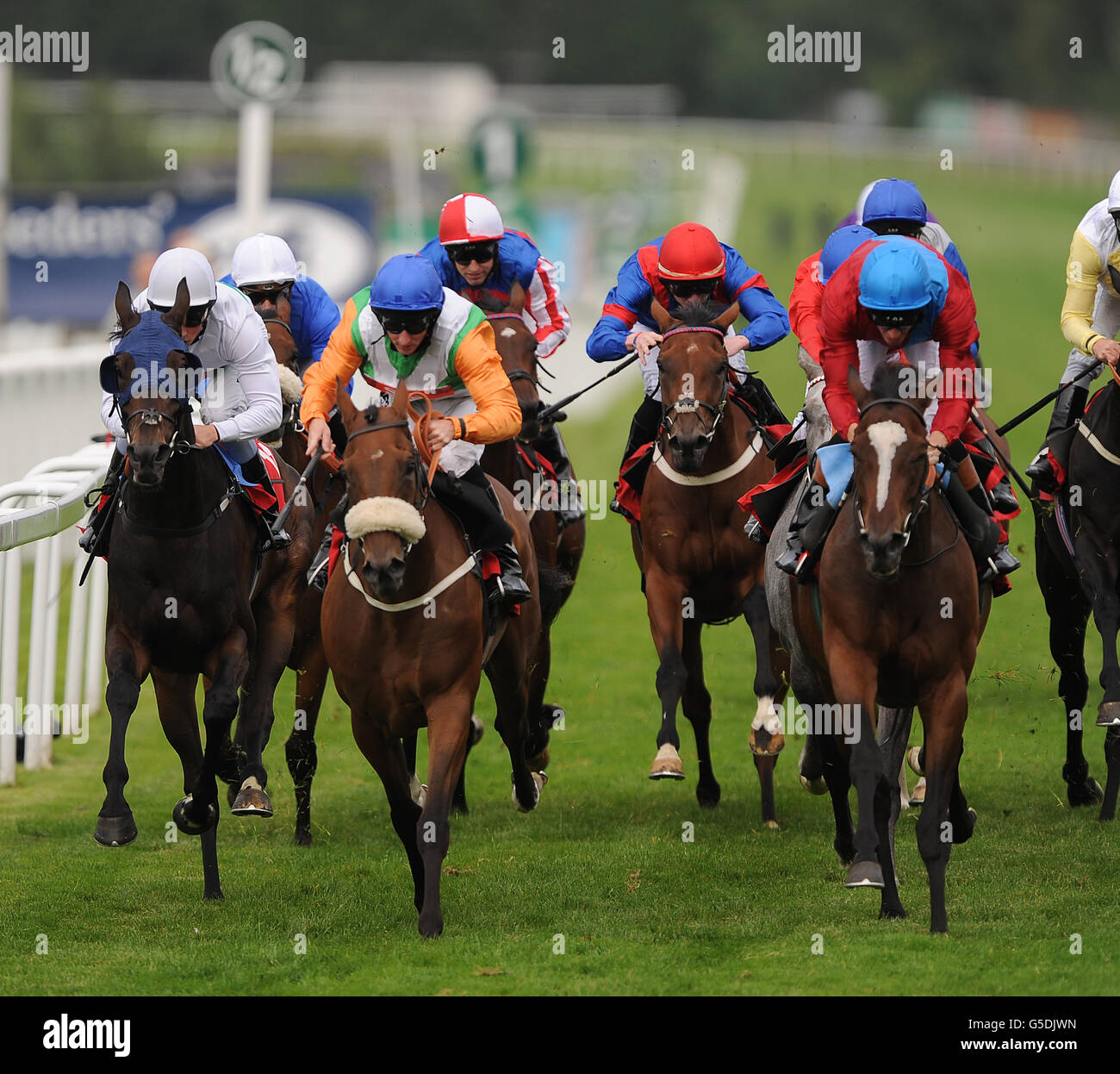 Horse Racing - Family Day - Sandown Park. Dank (right) ridden by Richard Hughes goes onto win The Thoroughbred Breeders Association Atlanta Stakes. Stock Photo