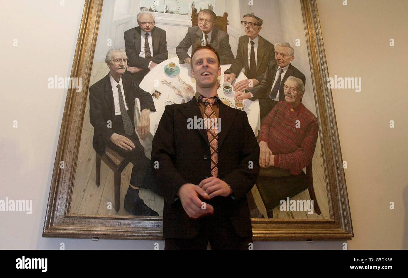 Winner of the BP Portrait Award 2001 Stuart Pearson Wright, with his painting 'The Six Presidents of the British Academy' at the National Portrait Gallery in central London 2001. * Stuart won 25,000 and a 3,000 commission to paint a portrait for the gallery's contemporary collection. Stock Photo